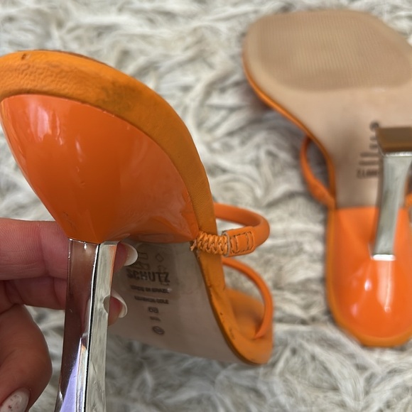 NWOB Schutz Agatha Leather Square Toe High Heel Sandals in Bright Tangerine Sz 6 - Picture 10 of 10